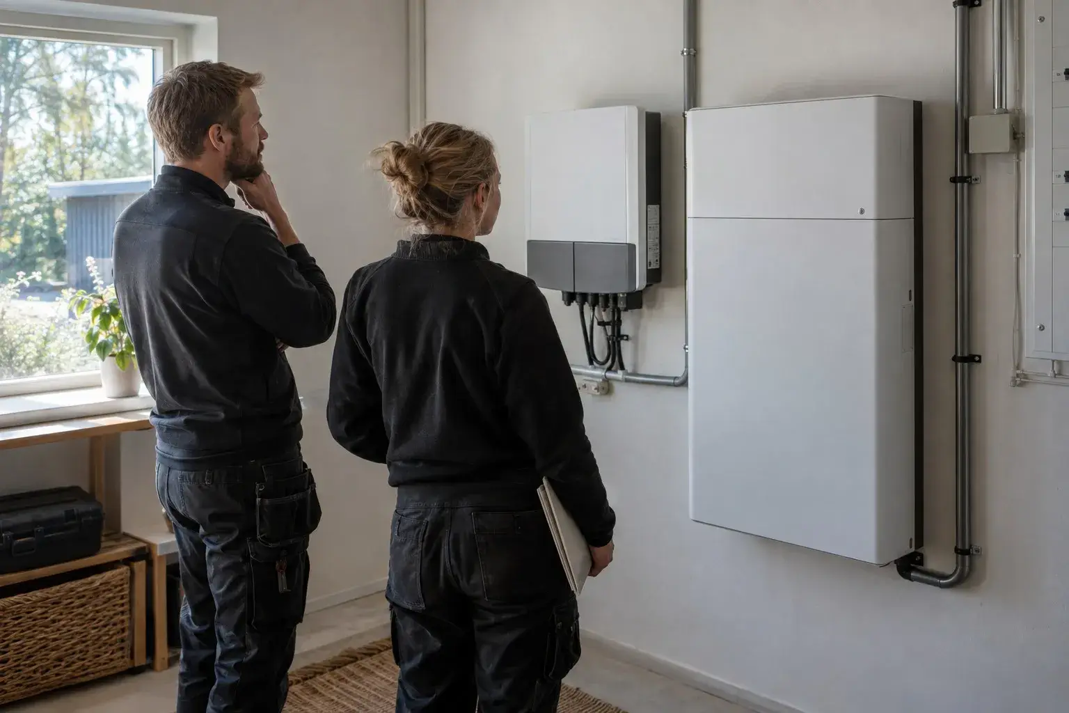 Två installatörer från Svea Solar framför ett installerat hembatteri