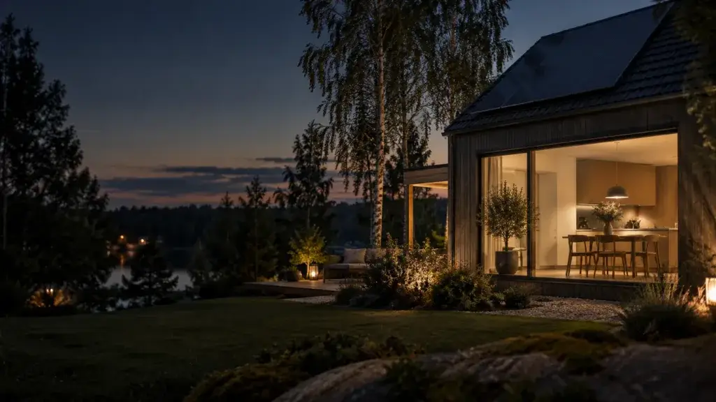 Villa med solcellstak vid sjö en kväll